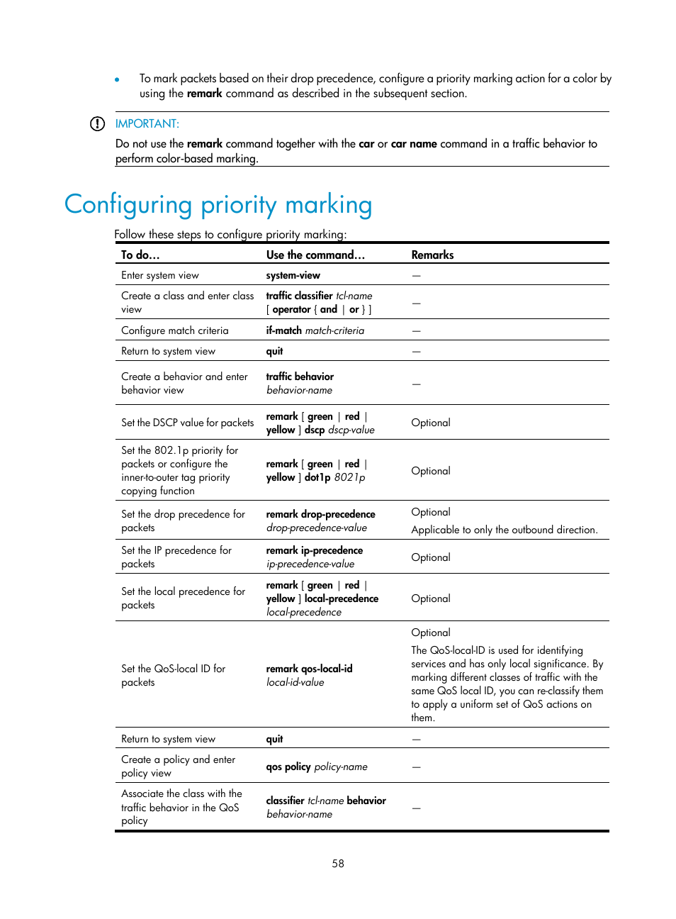 Configuring priority marking | H3C Technologies H3C S10500 Series Switches User Manual | Page 66 / 97