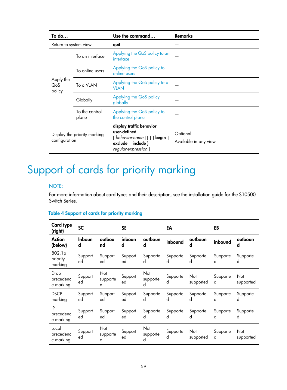 Support of cards for priority marking | H3C Technologies H3C S10500 Series Switches User Manual | Page 67 / 97