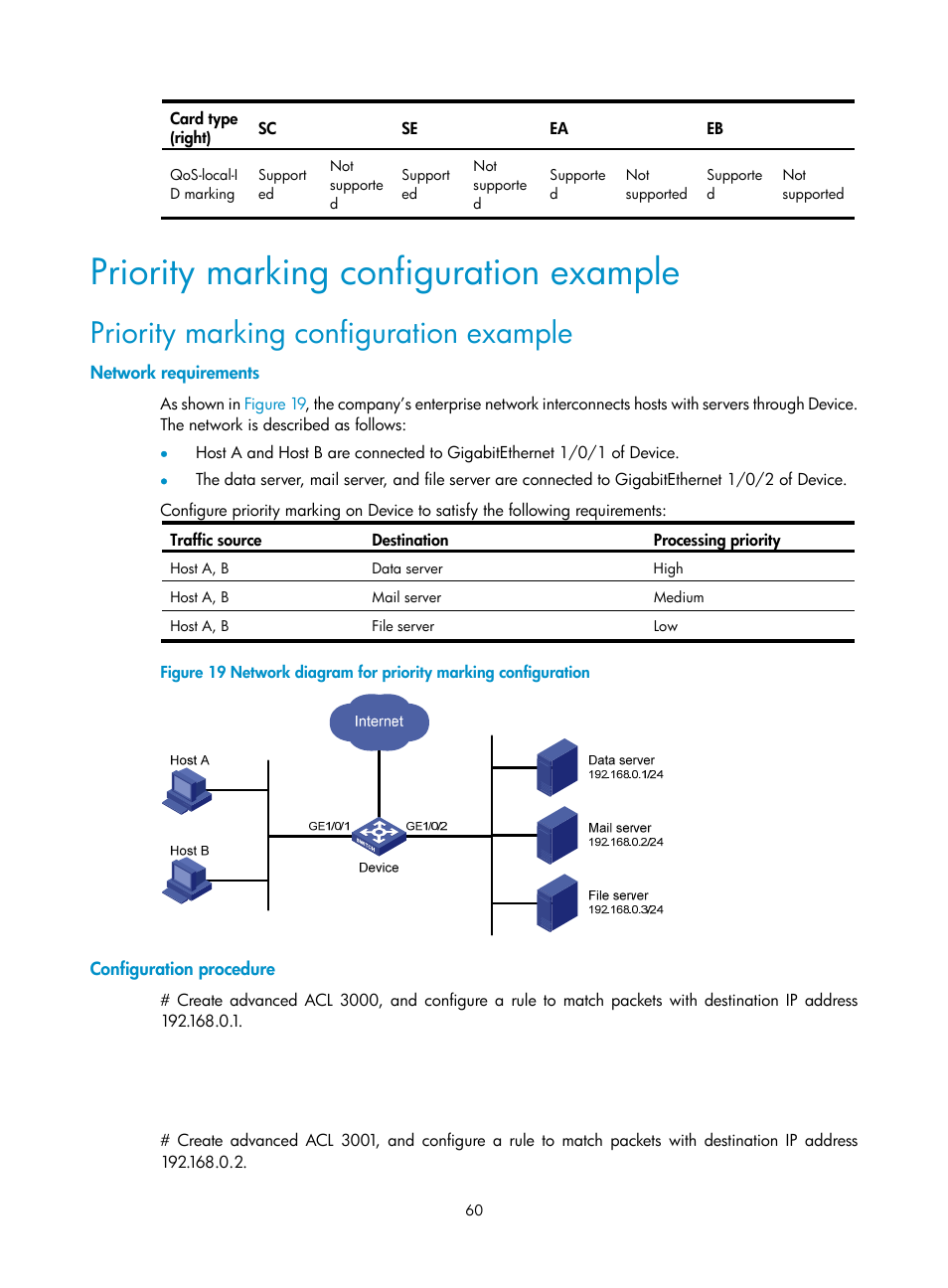 Priority marking configuration example, Network requirements, Configuration procedure | H3C Technologies H3C S10500 Series Switches User Manual | Page 68 / 97