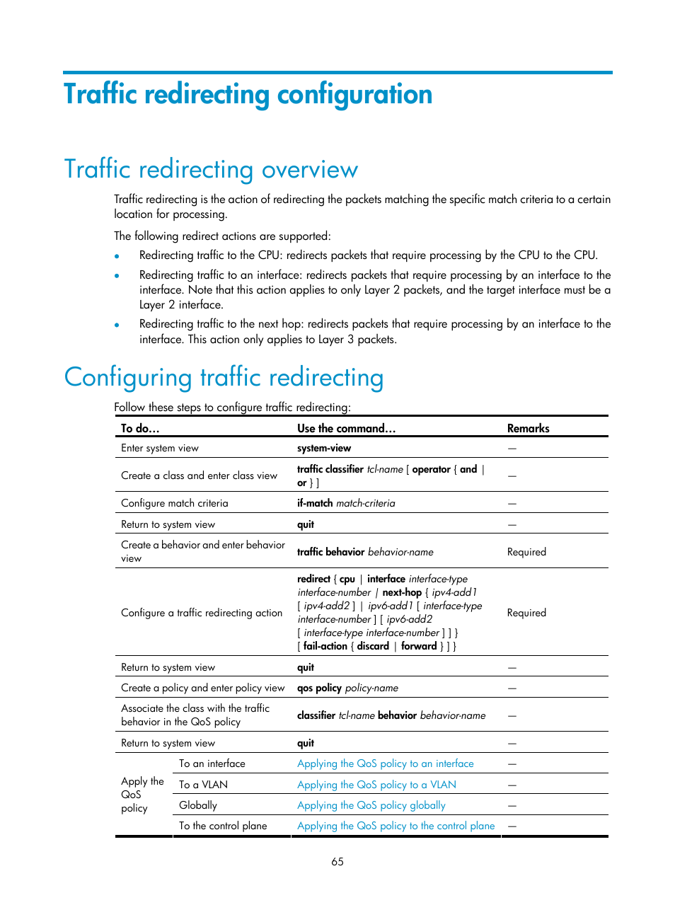 Traffic redirecting configuration, Traffic redirecting overview, Configuring traffic redirecting | H3C Technologies H3C S10500 Series Switches User Manual | Page 73 / 97