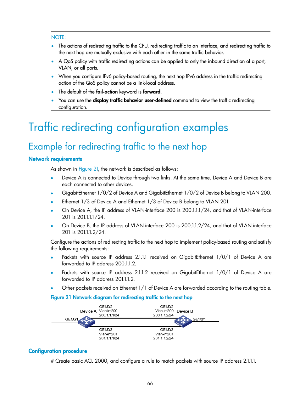 Traffic redirecting configuration examples, Network requirements, Configuration procedure | Example for redirecting traffic to the next hop | H3C Technologies H3C S10500 Series Switches User Manual | Page 74 / 97