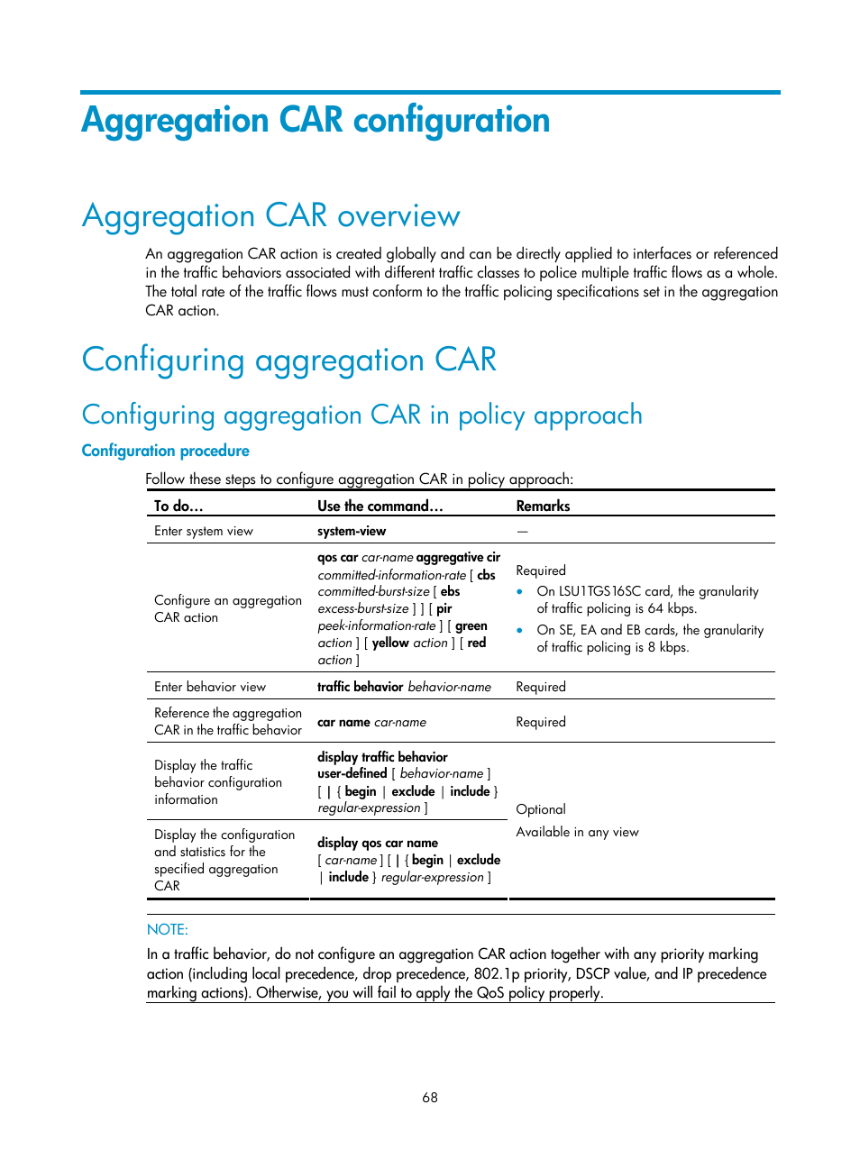 Aggregation car configuration, Aggregation car overview, Configuring aggregation car | Configuration procedure, Configuring aggregation car in policy approach | H3C Technologies H3C S10500 Series Switches User Manual | Page 76 / 97