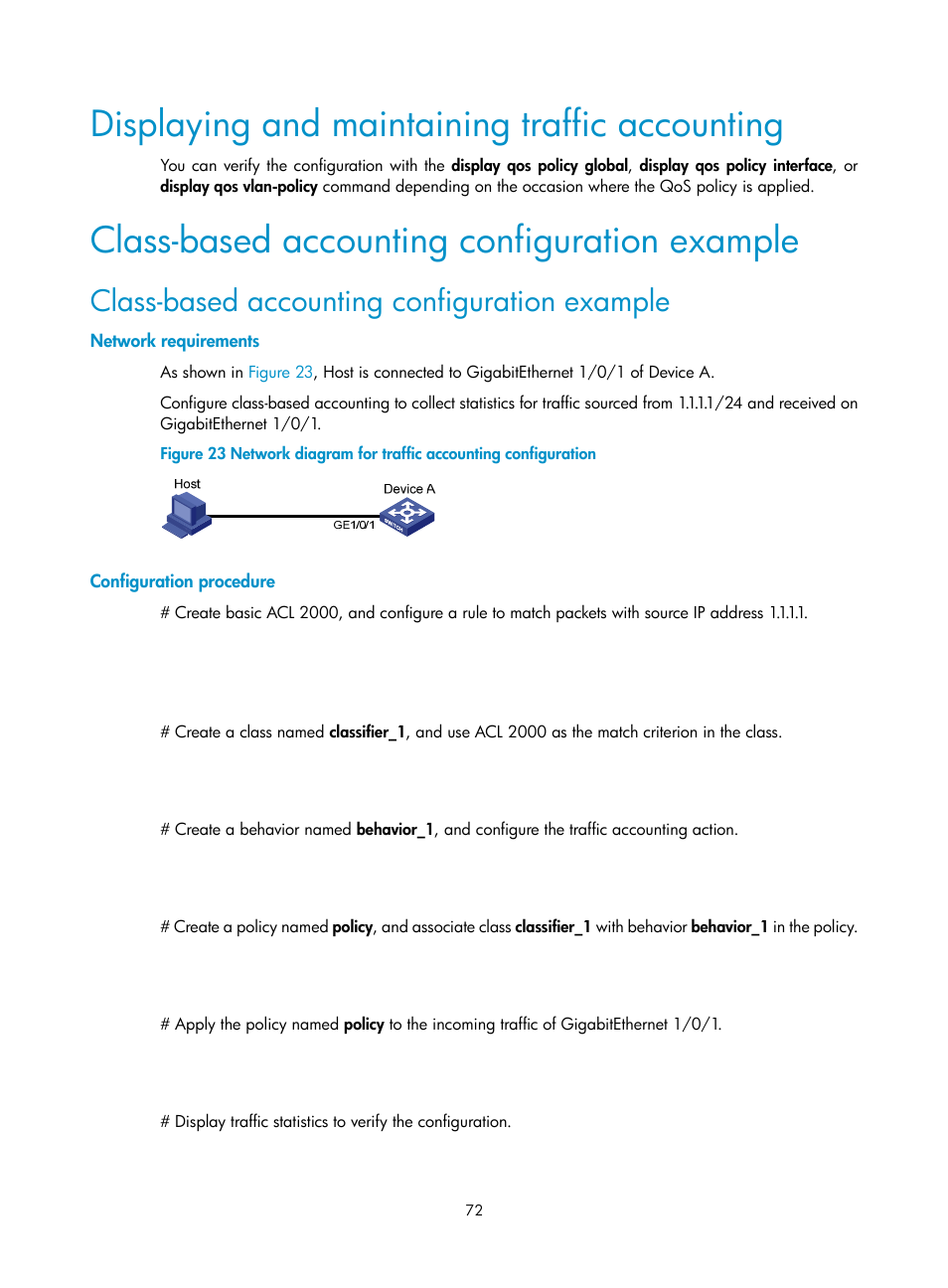 Displaying and maintaining traffic accounting, Class-based accounting configuration example, Network requirements | Configuration procedure | H3C Technologies H3C S10500 Series Switches User Manual | Page 80 / 97