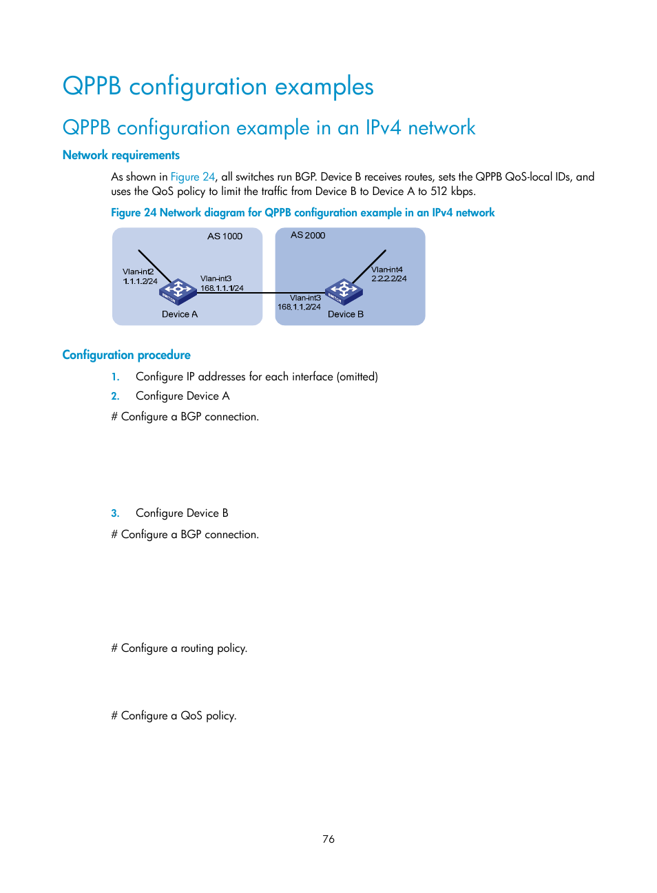 Qppb configuration examples, Network requirements, Configuration procedure | Qppb configuration example in an ipv4 network | H3C Technologies H3C S10500 Series Switches User Manual | Page 84 / 97