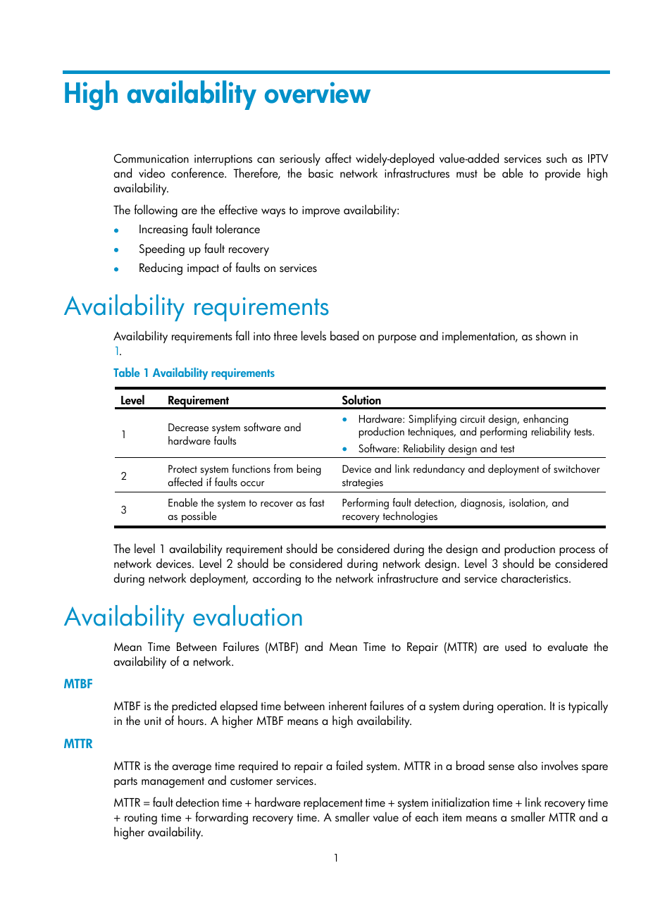 High availability overview, Availability requirements, Availability evaluation | Mtbf, Mttr | H3C Technologies H3C S10500 Series Switches User Manual | Page 10 / 206
