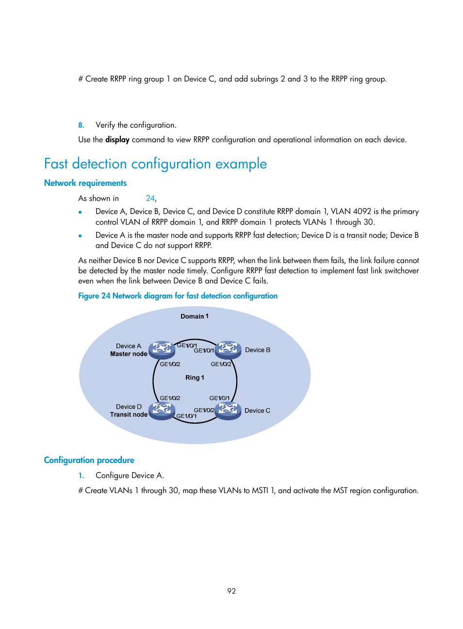 Fast detection configuration example, Network requirements, Configuration procedure | H3C Technologies H3C S10500 Series Switches User Manual | Page 101 / 206