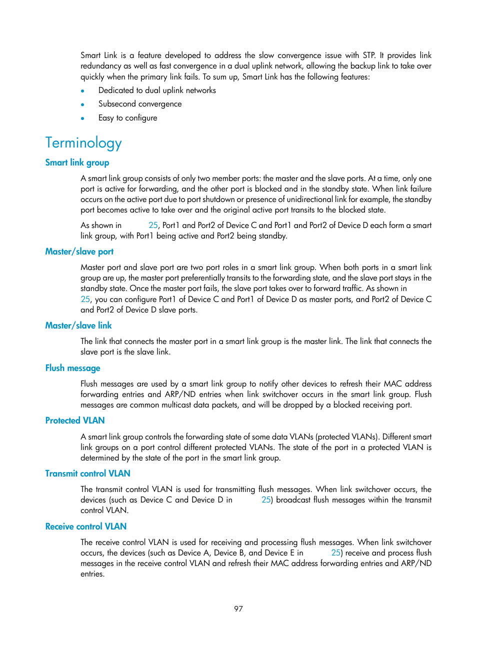 Terminology, Smart link group, Master/slave port | Master/slave link, Flush message, Protected vlan, Transmit control vlan, Receive control vlan | H3C Technologies H3C S10500 Series Switches User Manual | Page 106 / 206