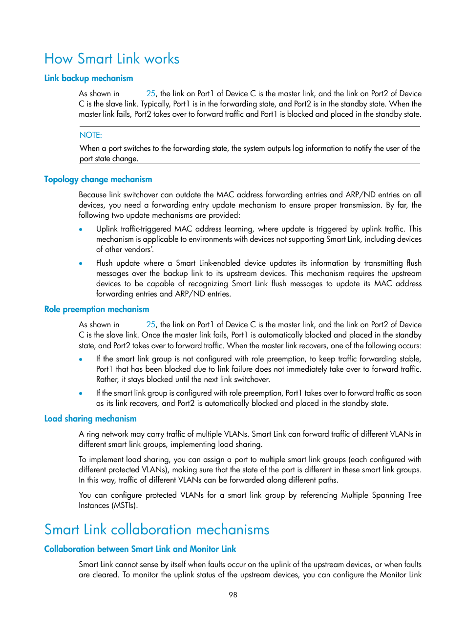 How smart link works, Link backup mechanism, Topology change mechanism | Role preemption mechanism, Load sharing mechanism, Smart link collaboration mechanisms, Collaboration between smart link and monitor link | H3C Technologies H3C S10500 Series Switches User Manual | Page 107 / 206