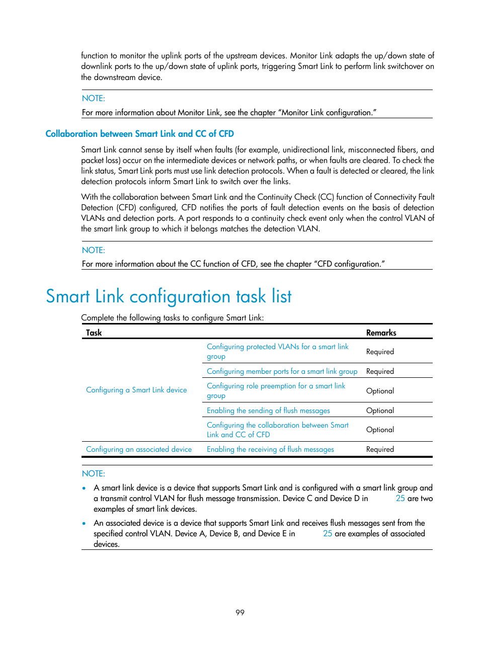 Collaboration between smart link and cc of cfd, Smart link configuration task list | H3C Technologies H3C S10500 Series Switches User Manual | Page 108 / 206
