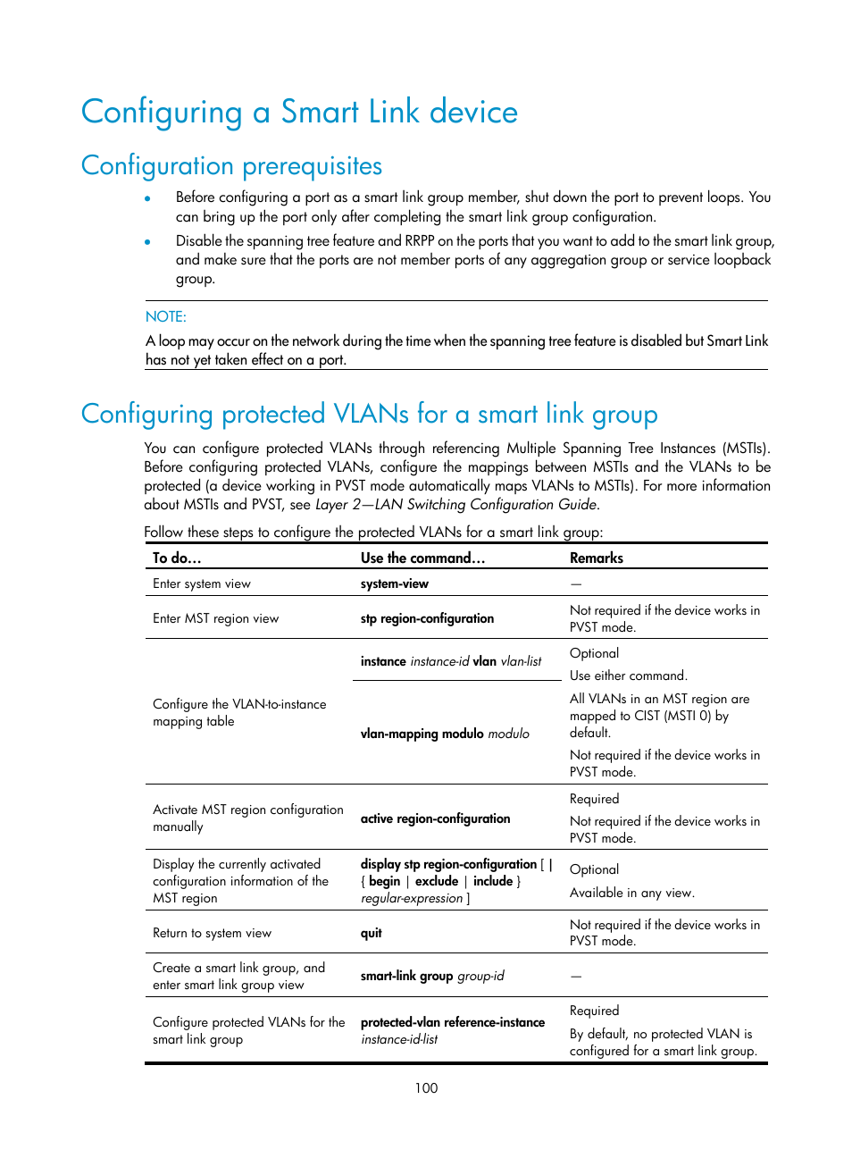 Configuring a smart link device, Configuration prerequisites, Configuring protected vlans for a smart link group | H3C Technologies H3C S10500 Series Switches User Manual | Page 109 / 206