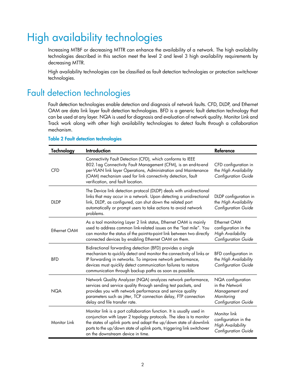 High availability technologies, Fault detection technologies | H3C Technologies H3C S10500 Series Switches User Manual | Page 11 / 206