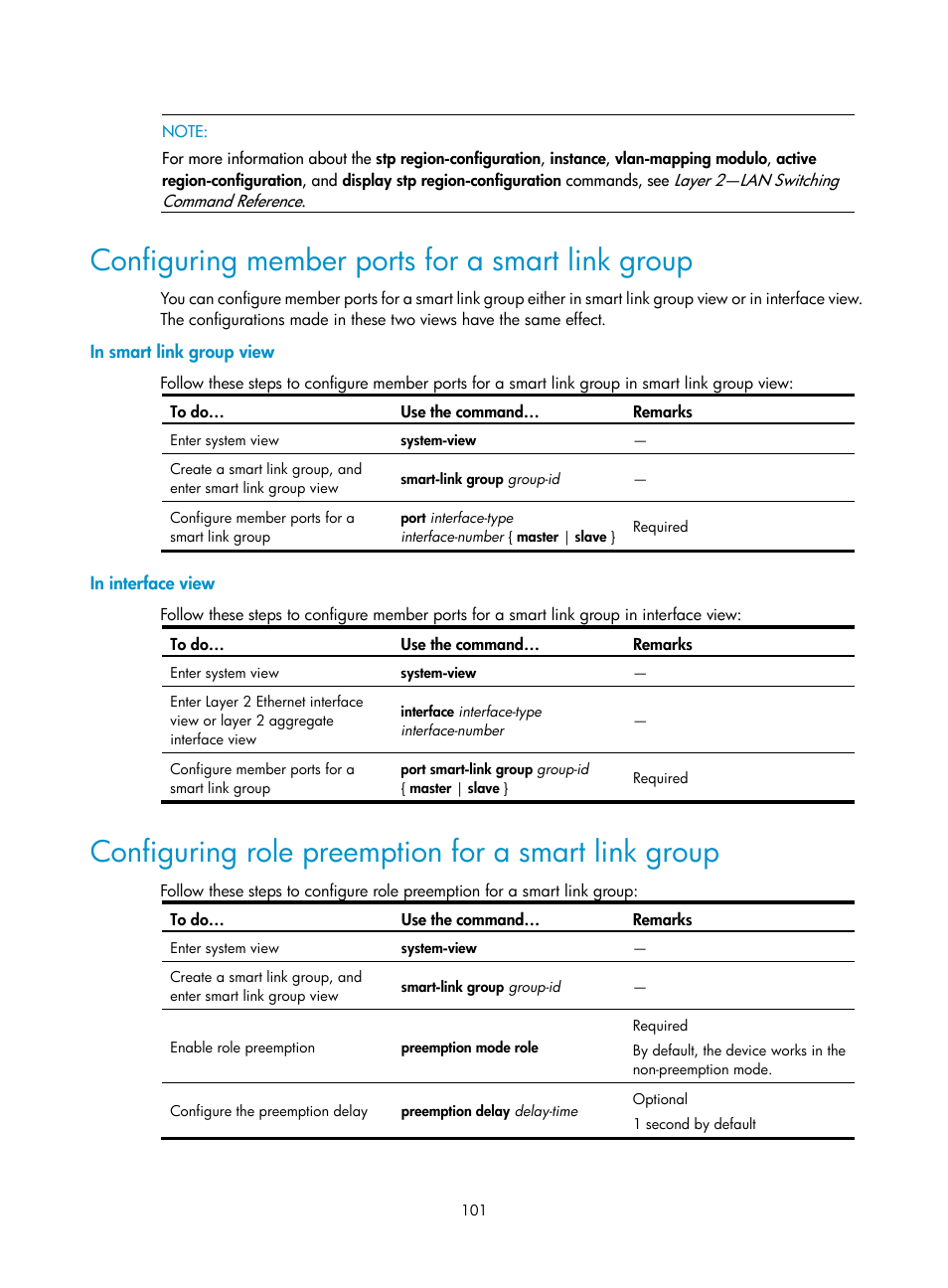 Configuring member ports for a smart link group, In smart link group view, In interface view | Configuring role preemption for a smart link group | H3C Technologies H3C S10500 Series Switches User Manual | Page 110 / 206