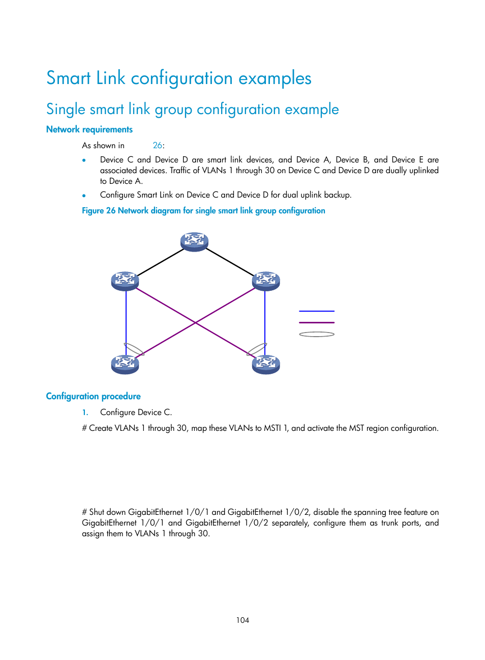 Smart link configuration examples, Single smart link group configuration example, Network requirements | Configuration procedure | H3C Technologies H3C S10500 Series Switches User Manual | Page 113 / 206