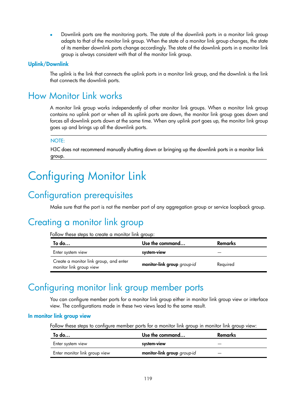 Uplink/downlink, How monitor link works, Configuring monitor link | Configuration prerequisites, Creating a monitor link group, Configuring monitor link group member ports, In monitor link group view | H3C Technologies H3C S10500 Series Switches User Manual | Page 128 / 206