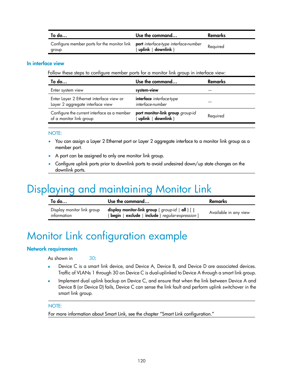 In interface view, Displaying and maintaining monitor link, Monitor link configuration example | Network requirements | H3C Technologies H3C S10500 Series Switches User Manual | Page 129 / 206