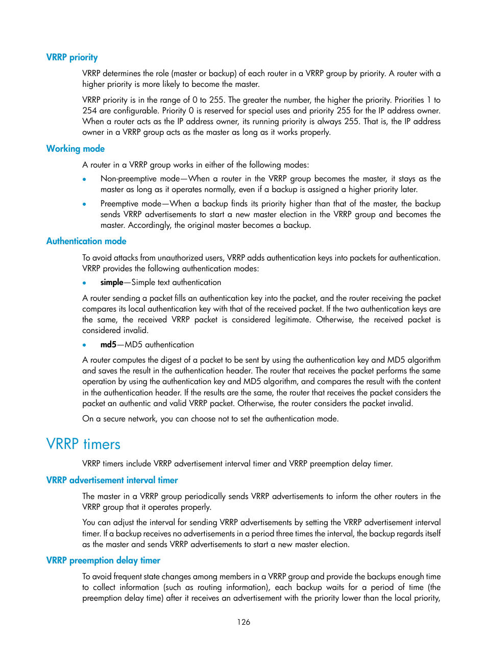 Vrrp priority, Working mode, Authentication mode | Vrrp timers, Vrrp advertisement interval timer, Vrrp preemption delay timer | H3C Technologies H3C S10500 Series Switches User Manual | Page 135 / 206
