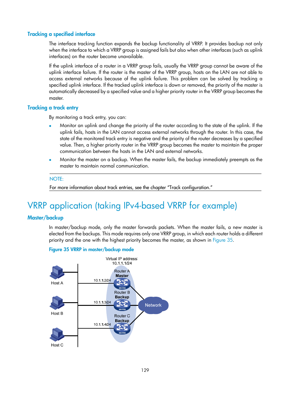 Tracking a specified interface, Tracking a track entry, Master/backup | H3C Technologies H3C S10500 Series Switches User Manual | Page 138 / 206