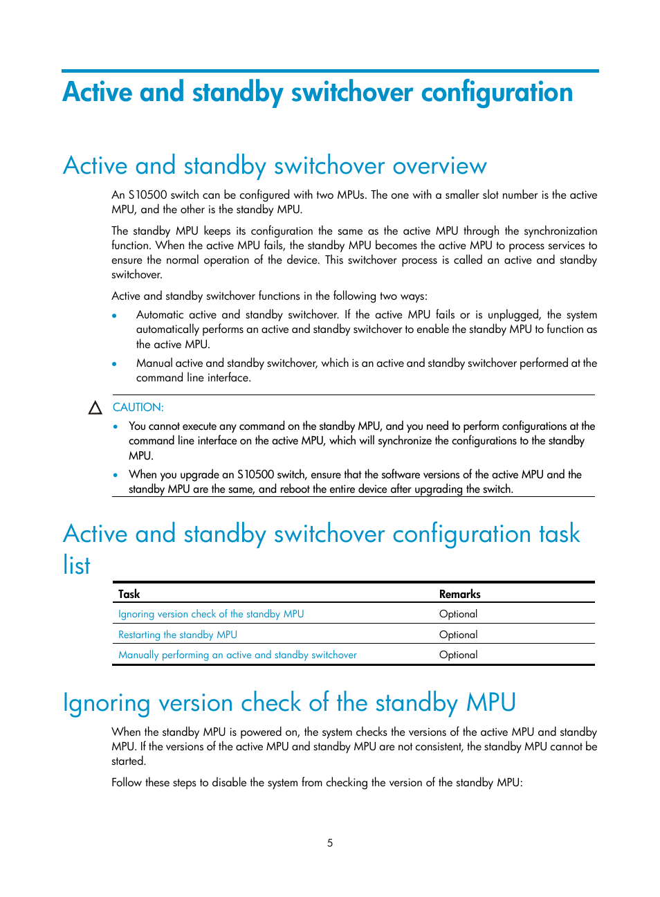 Active and standby switchover configuration, Active and standby switchover overview, Ignoring version check of the standby mpu | H3C Technologies H3C S10500 Series Switches User Manual | Page 14 / 206