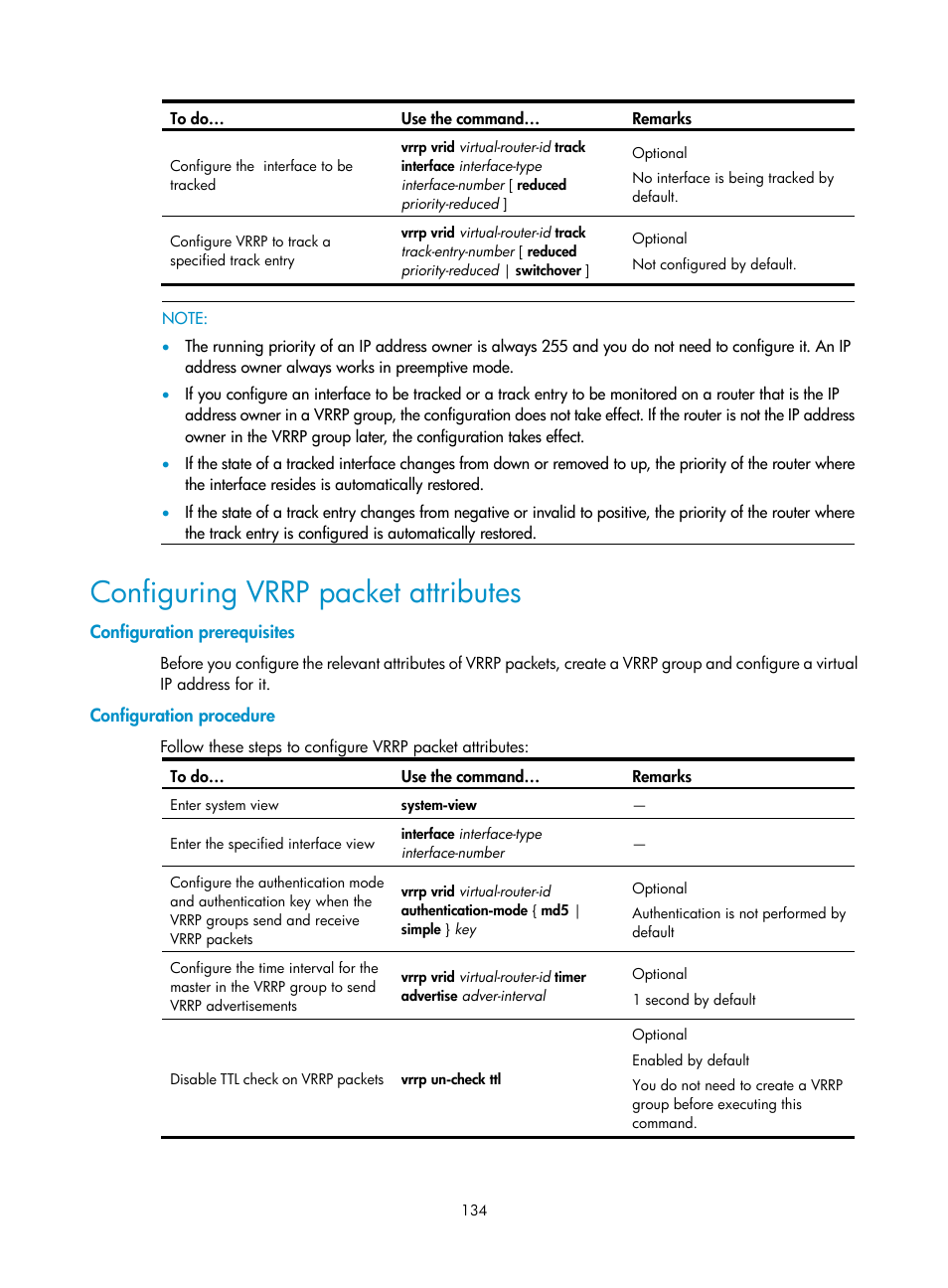 Configuring vrrp packet attributes, Configuration prerequisites, Configuration procedure | H3C Technologies H3C S10500 Series Switches User Manual | Page 143 / 206