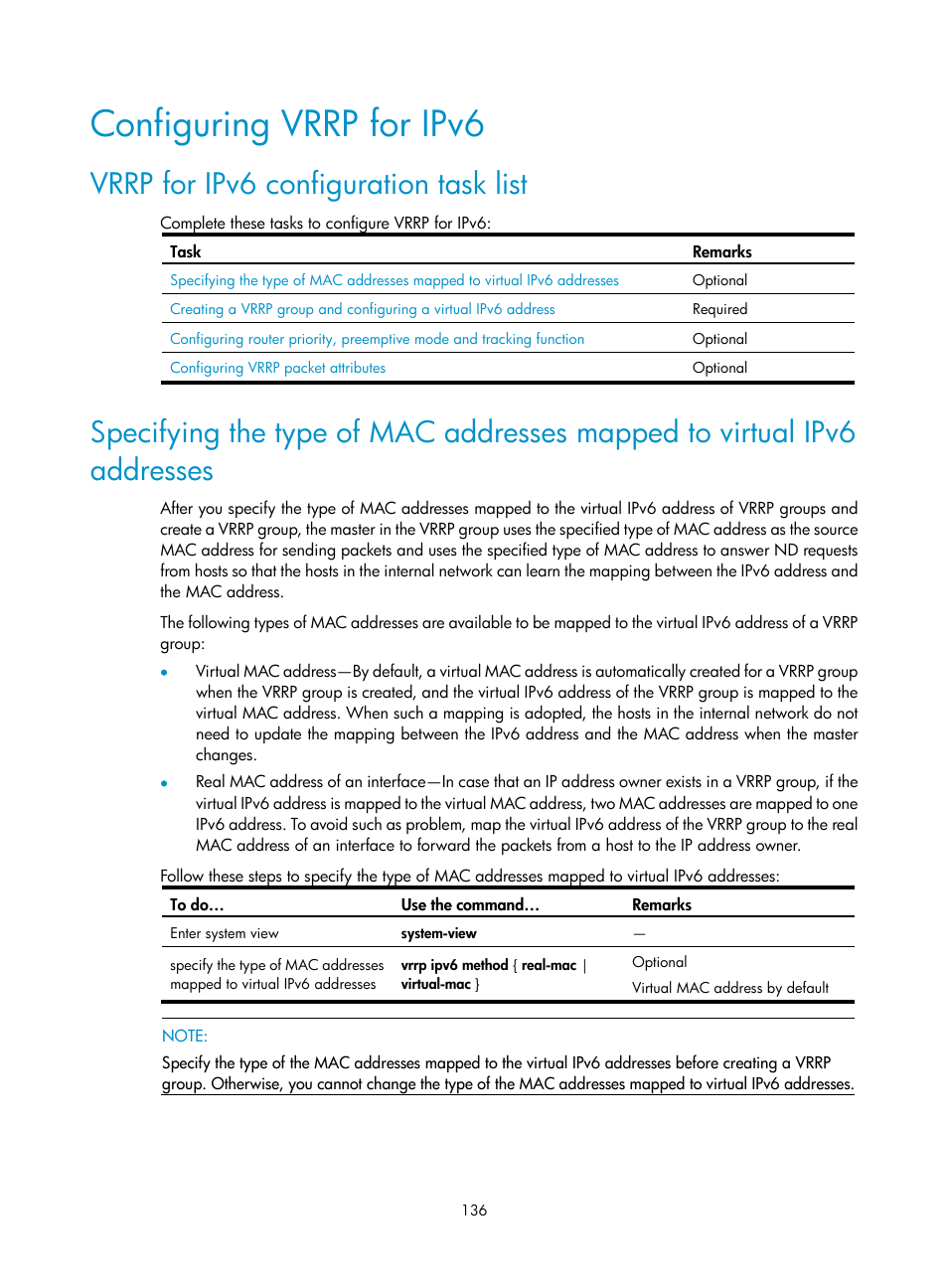 Configuring vrrp for ipv6, Vrrp for ipv6 configuration task list | H3C Technologies H3C S10500 Series Switches User Manual | Page 145 / 206
