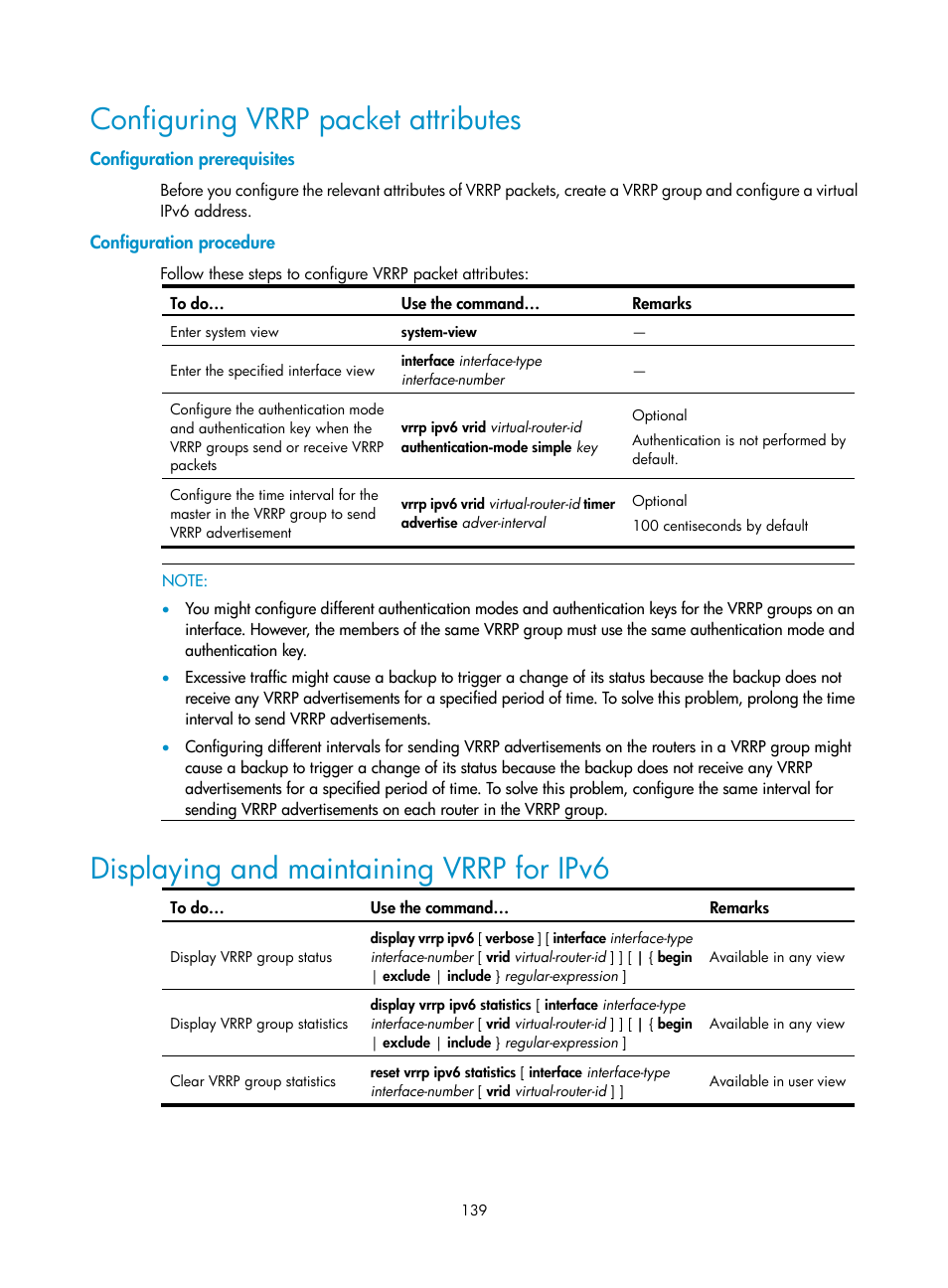 Configuring vrrp packet attributes, Configuration prerequisites, Configuration procedure | Displaying and maintaining vrrp for ipv6 | H3C Technologies H3C S10500 Series Switches User Manual | Page 148 / 206