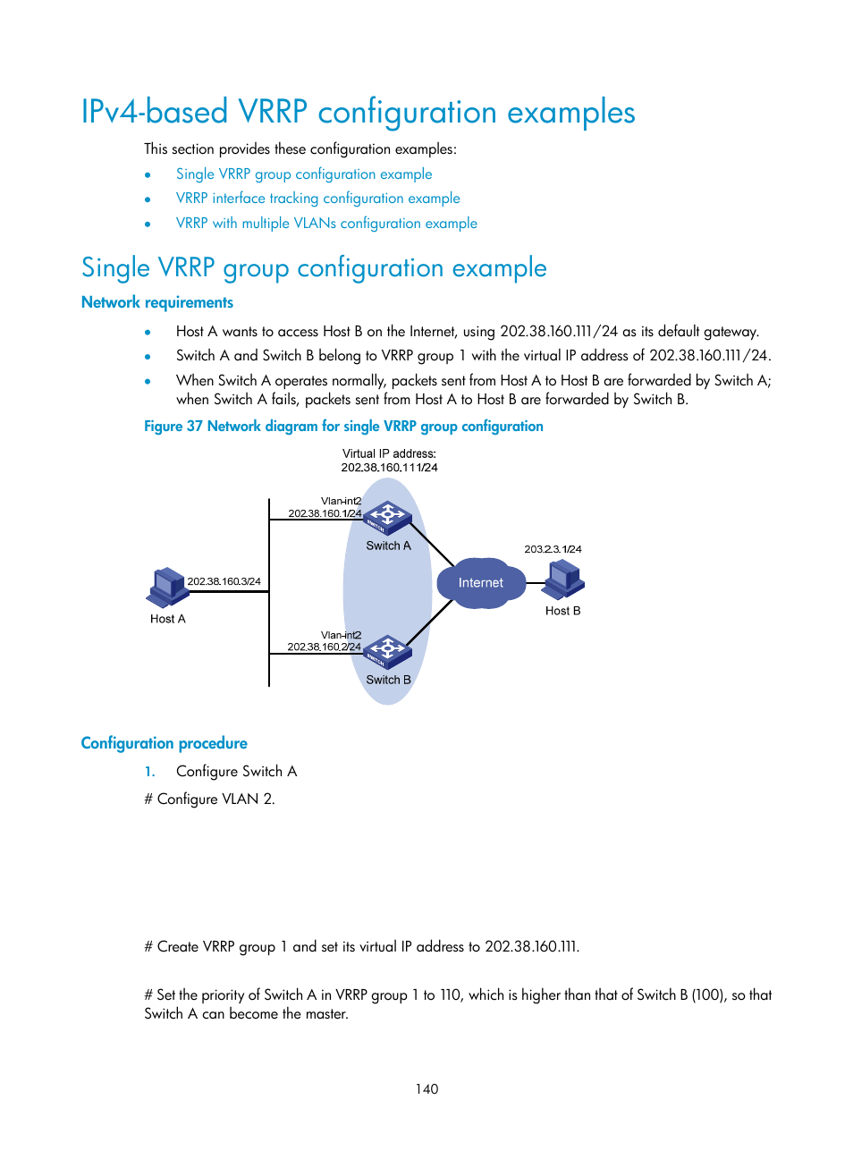 Ipv4-based vrrp configuration examples, Single vrrp group configuration example, Network requirements | Configuration procedure | H3C Technologies H3C S10500 Series Switches User Manual | Page 149 / 206