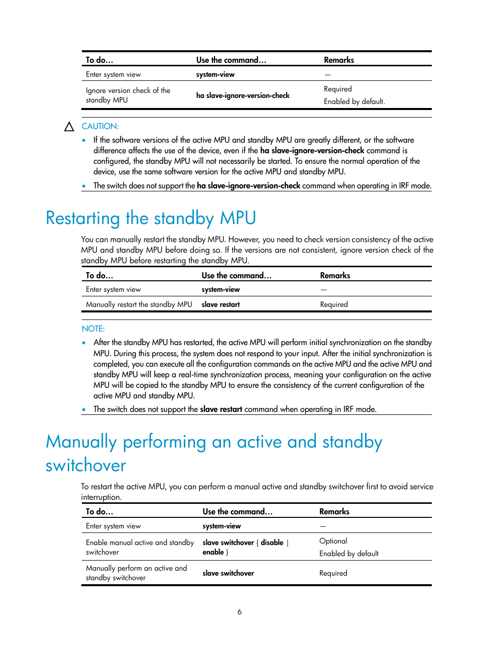 Restarting the standby mpu | H3C Technologies H3C S10500 Series Switches User Manual | Page 15 / 206