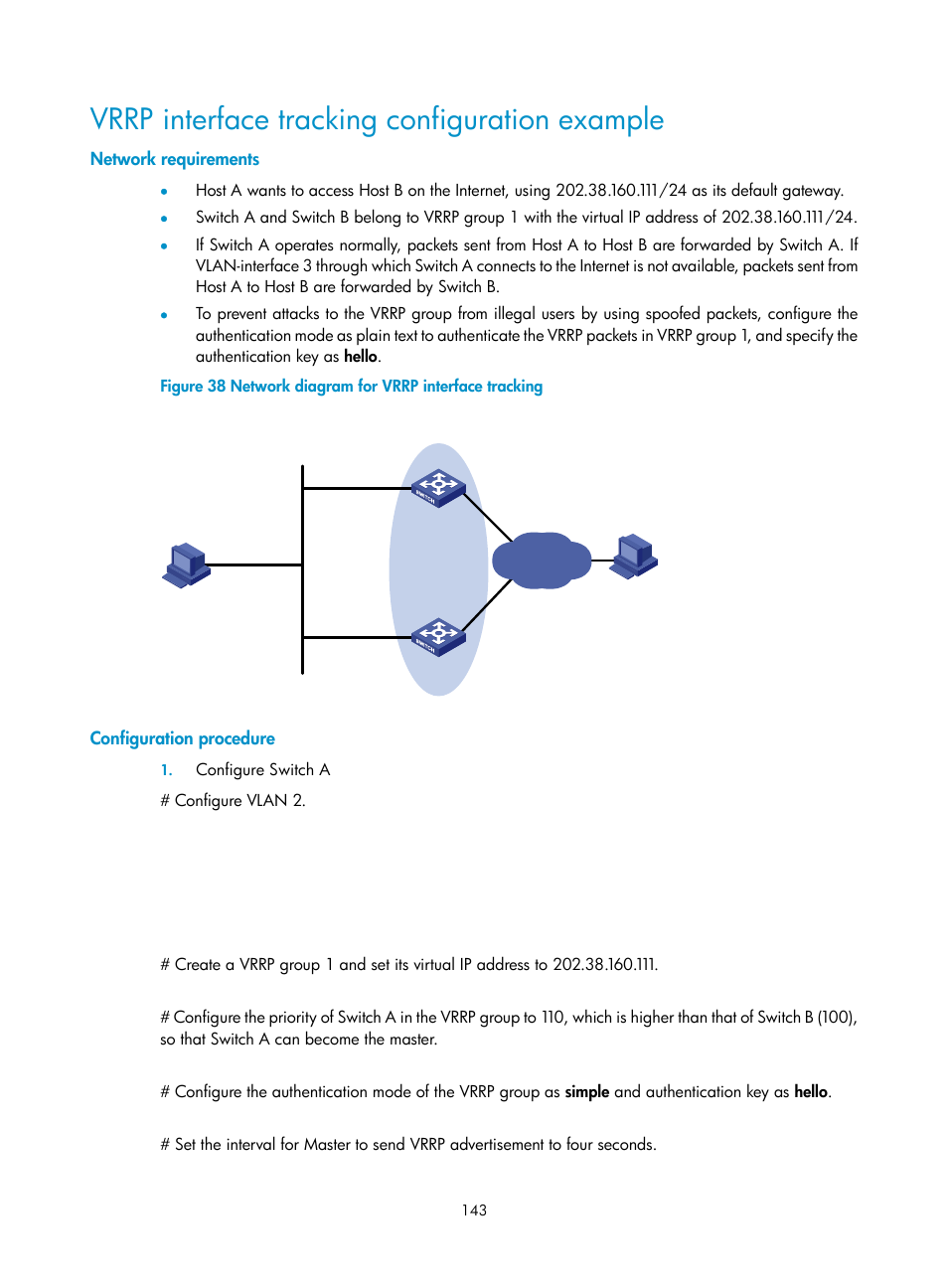 Vrrp interface tracking configuration example, Network requirements, Configuration procedure | H3C Technologies H3C S10500 Series Switches User Manual | Page 152 / 206
