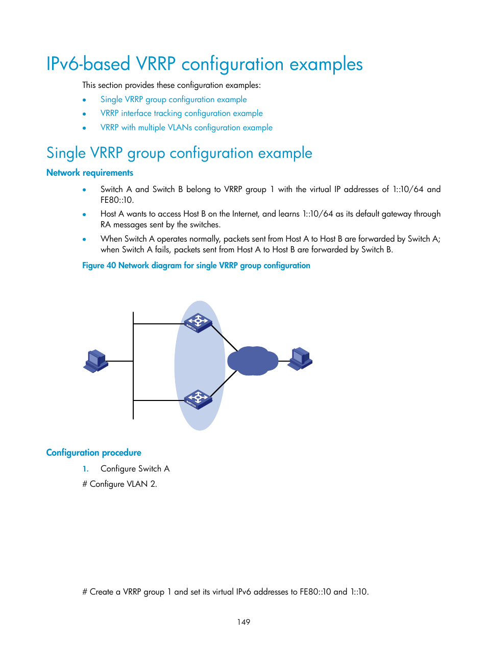 Ipv6-based vrrp configuration examples, Single vrrp group configuration example, Network requirements | Configuration procedure | H3C Technologies H3C S10500 Series Switches User Manual | Page 158 / 206