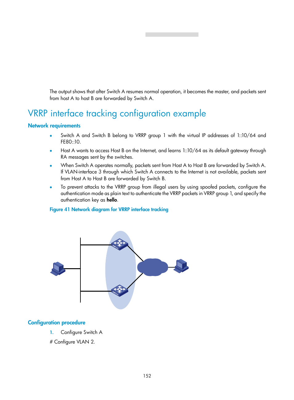 Vrrp interface tracking configuration example, Network requirements, Configuration procedure | H3C Technologies H3C S10500 Series Switches User Manual | Page 161 / 206