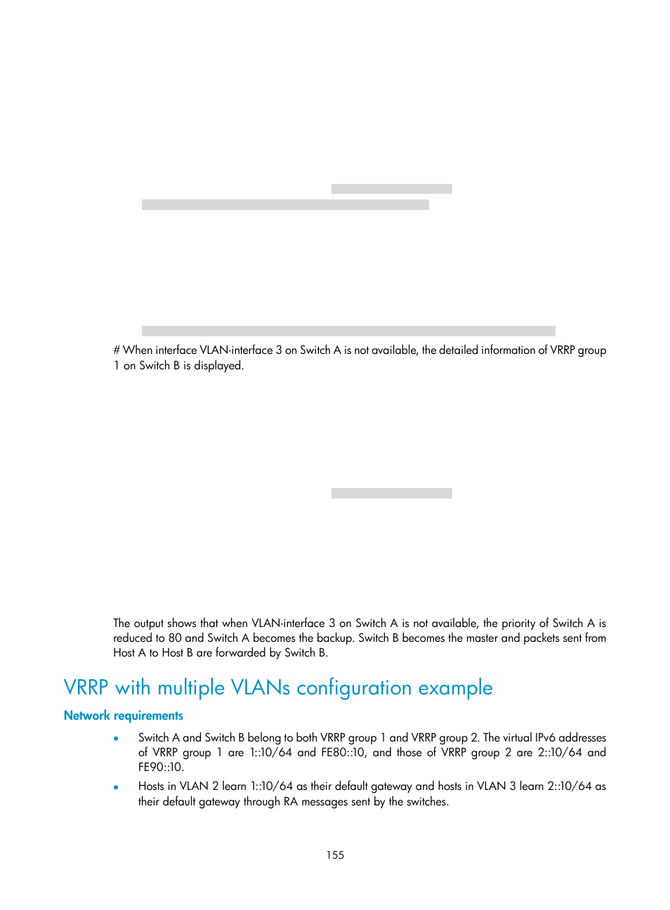 Vrrp with multiple vlans configuration example, Network requirements | H3C Technologies H3C S10500 Series Switches User Manual | Page 164 / 206