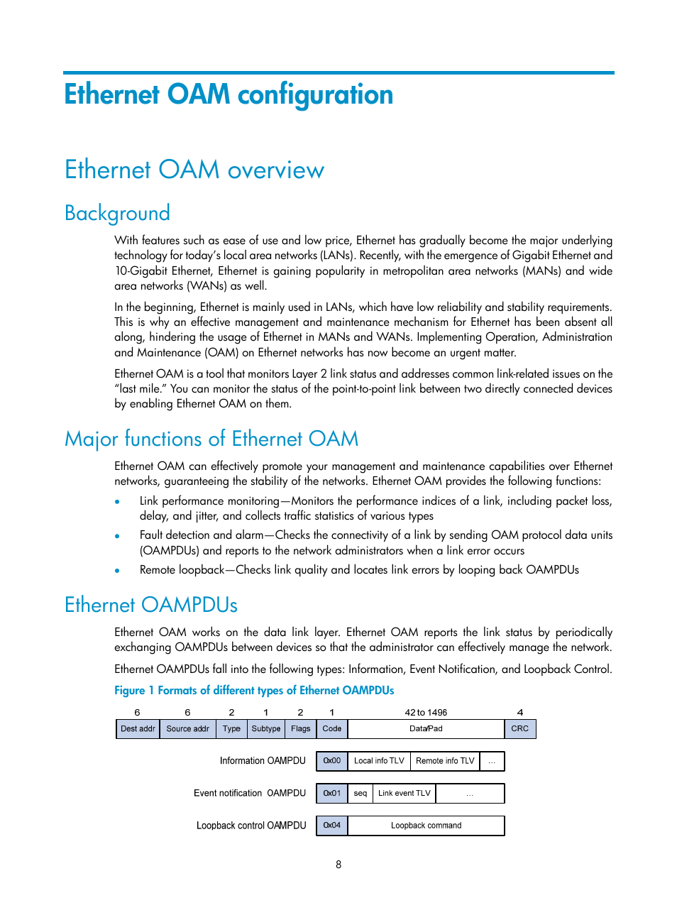 Ethernet oam configuration, Ethernet oam overview, Background | Major functions of ethernet oam, Ethernet oampdus | H3C Technologies H3C S10500 Series Switches User Manual | Page 17 / 206