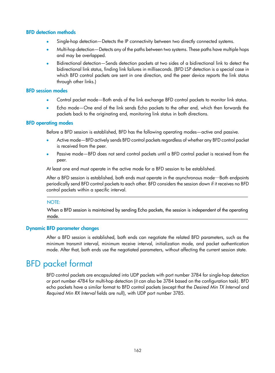 Bfd detection methods, Bfd session modes, Bfd operating modes | Dynamic bfd parameter changes, Bfd packet format | H3C Technologies H3C S10500 Series Switches User Manual | Page 171 / 206