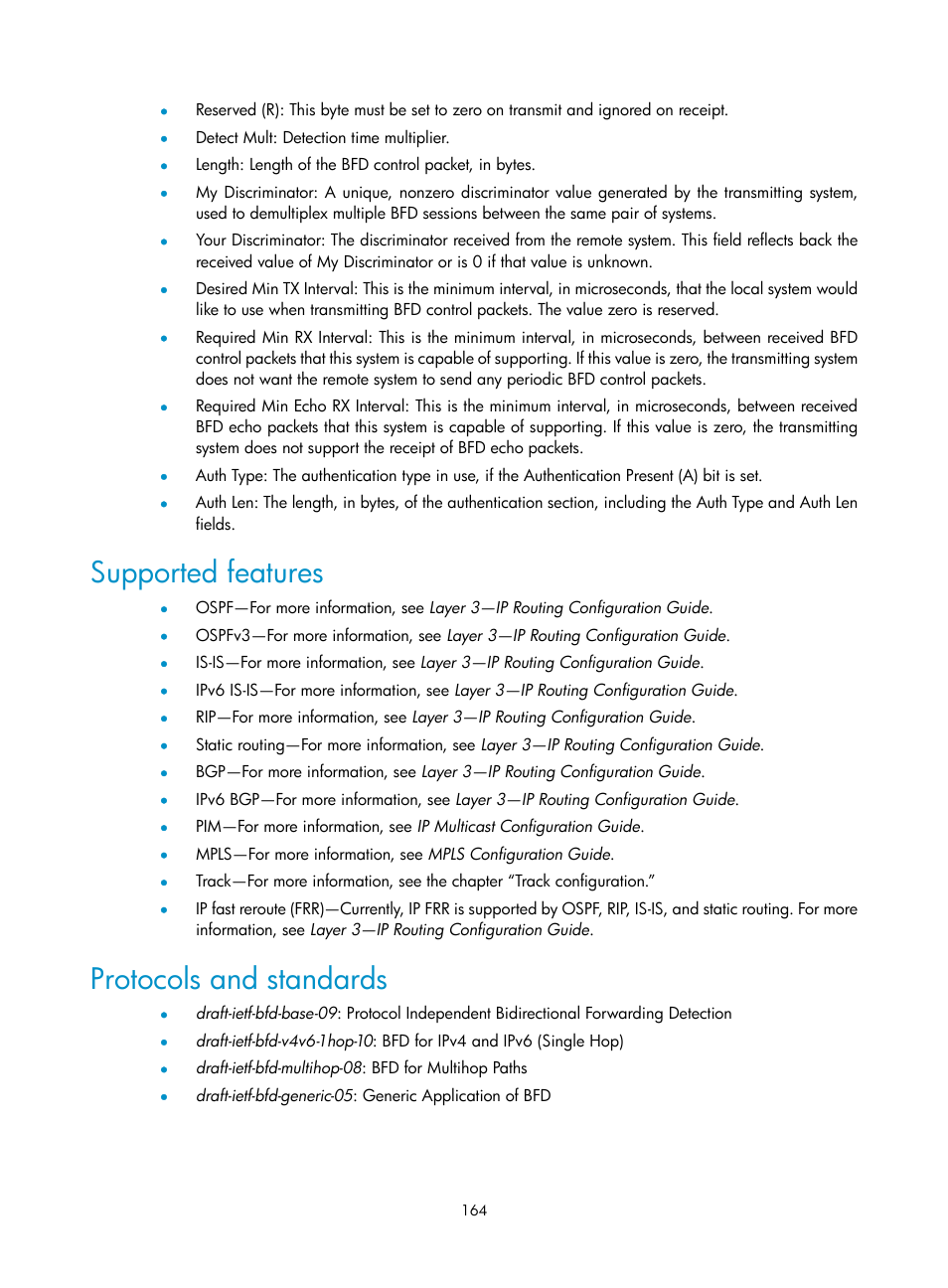Supported features, Protocols and standards | H3C Technologies H3C S10500 Series Switches User Manual | Page 173 / 206