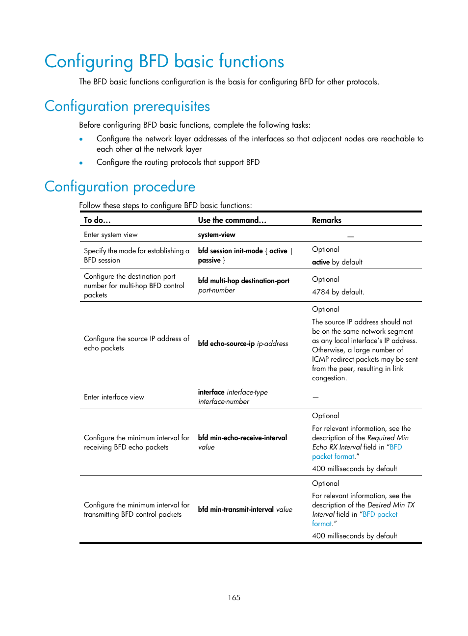 Configuring bfd basic functions, Configuration prerequisites, Configuration procedure | H3C Technologies H3C S10500 Series Switches User Manual | Page 174 / 206