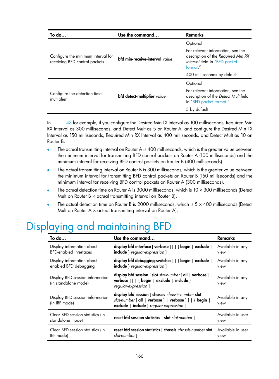 Displaying and maintaining bfd | H3C Technologies H3C S10500 Series Switches User Manual | Page 175 / 206