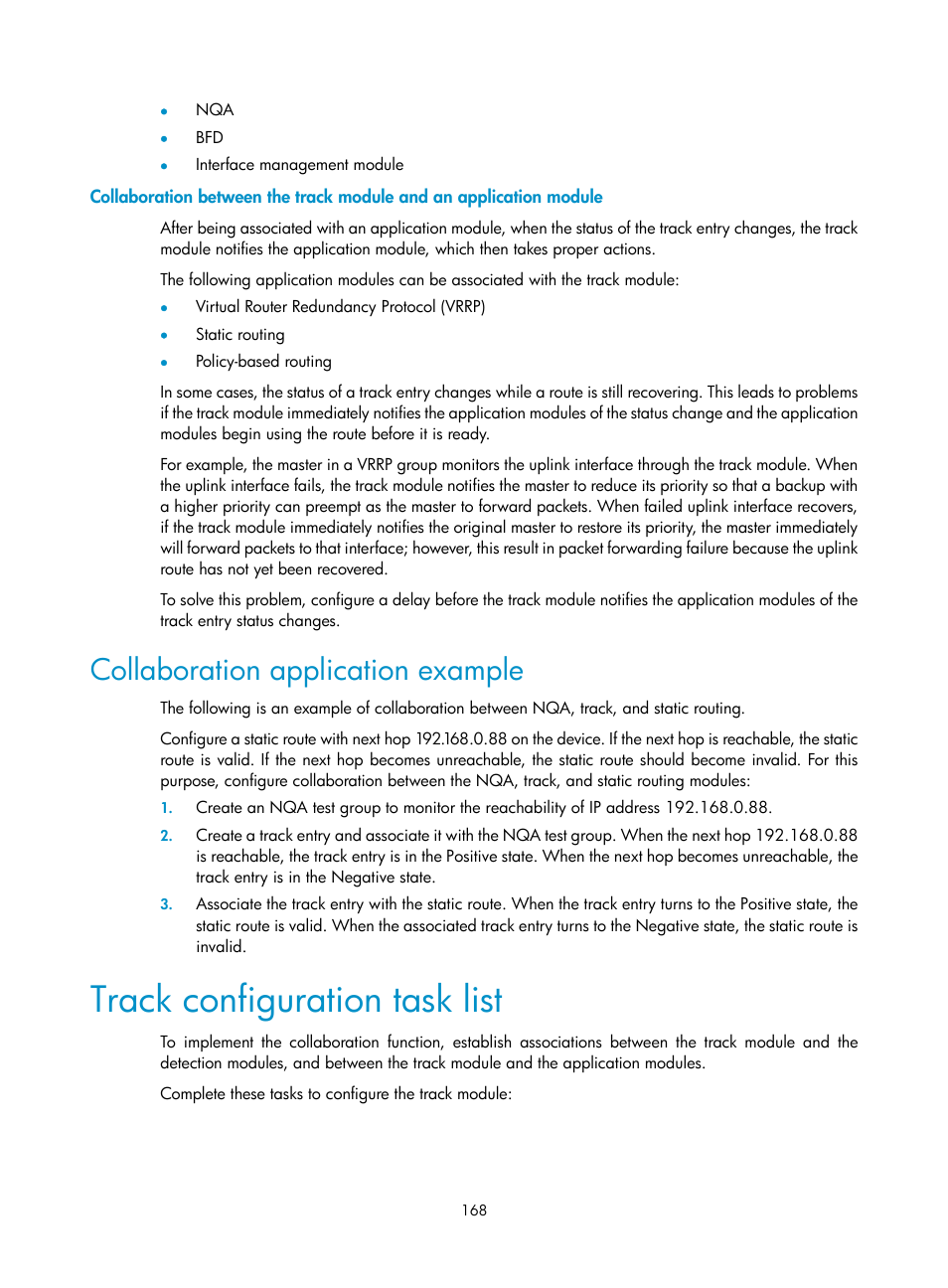 Collaboration application example, Track configuration task list | H3C Technologies H3C S10500 Series Switches User Manual | Page 177 / 206