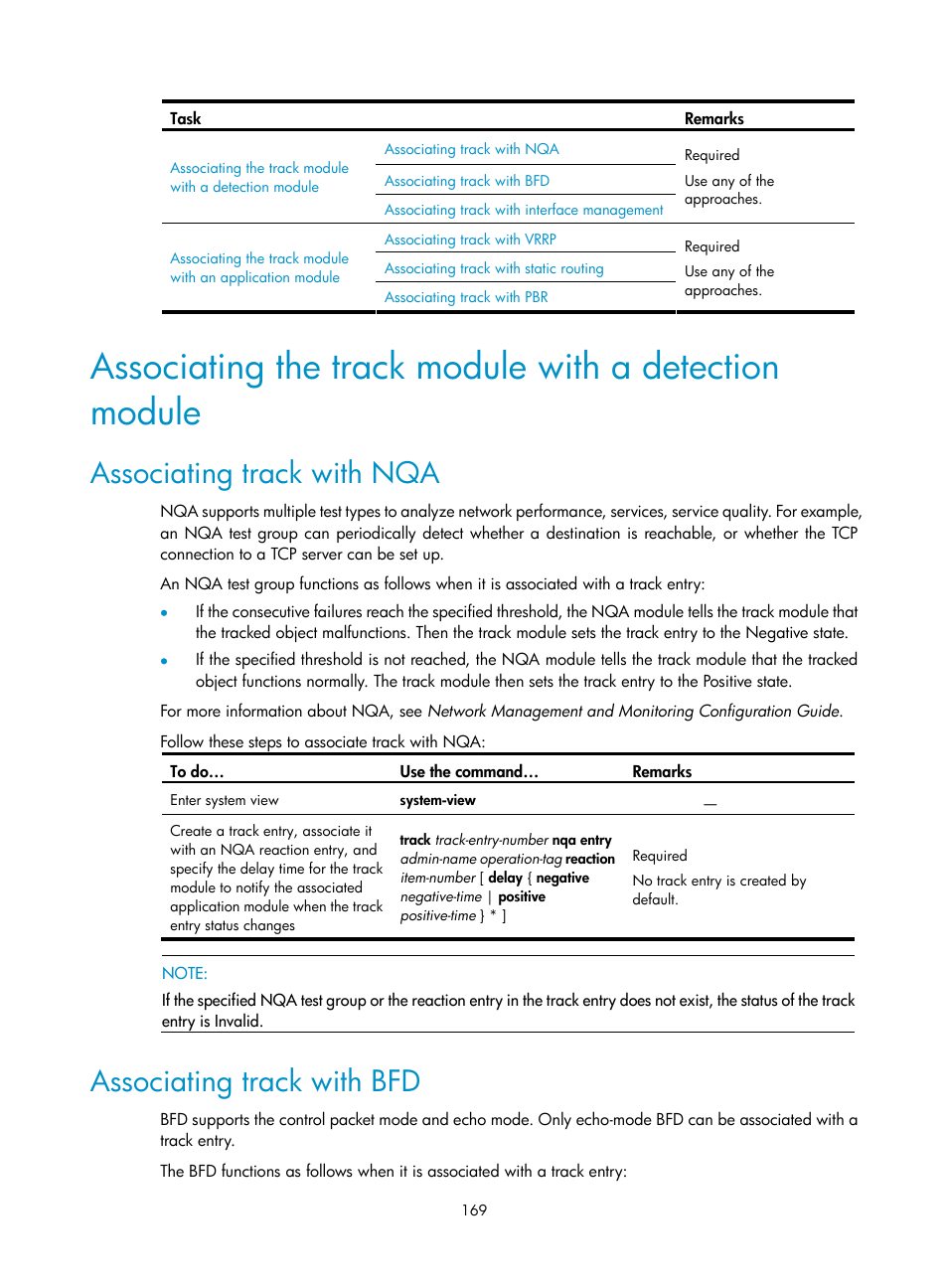 Associating track with nqa, Associating track with bfd | H3C Technologies H3C S10500 Series Switches User Manual | Page 178 / 206