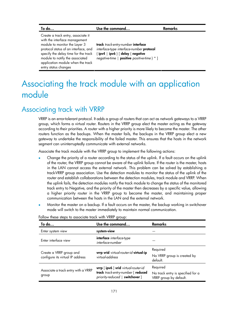 Associating track with vrrp | H3C Technologies H3C S10500 Series Switches User Manual | Page 180 / 206
