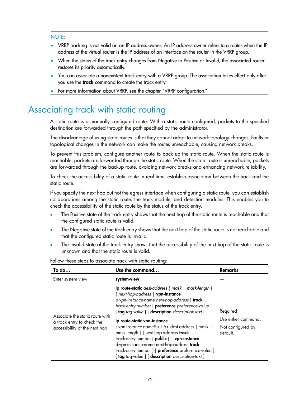 Associating track with static routing | H3C Technologies H3C S10500 Series Switches User Manual | Page 181 / 206