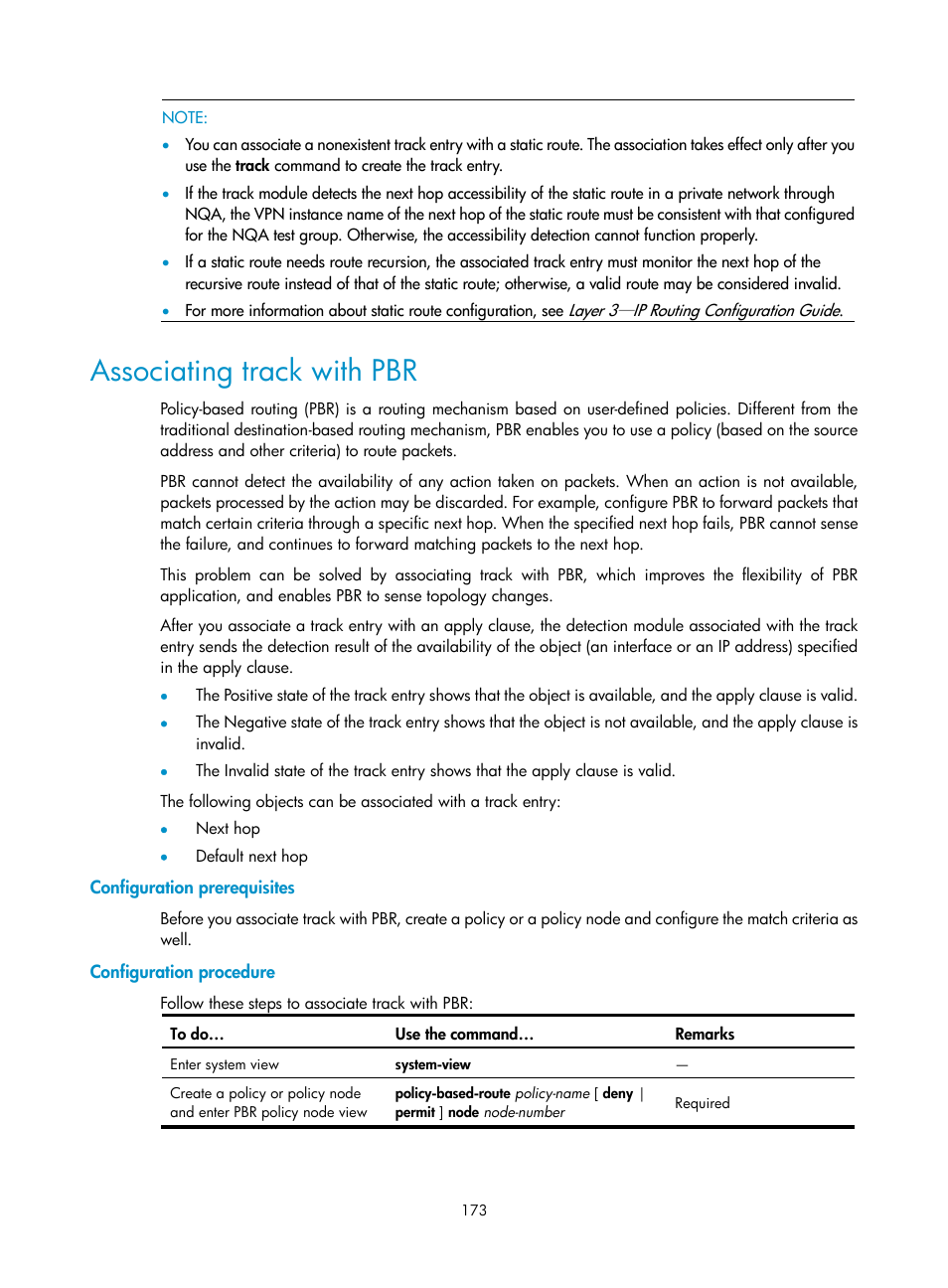 Associating track with pbr, Configuration prerequisites, Configuration procedure | H3C Technologies H3C S10500 Series Switches User Manual | Page 182 / 206