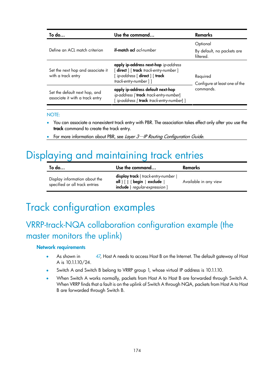 Displaying and maintaining track entries, Track configuration examples, Network requirements | H3C Technologies H3C S10500 Series Switches User Manual | Page 183 / 206