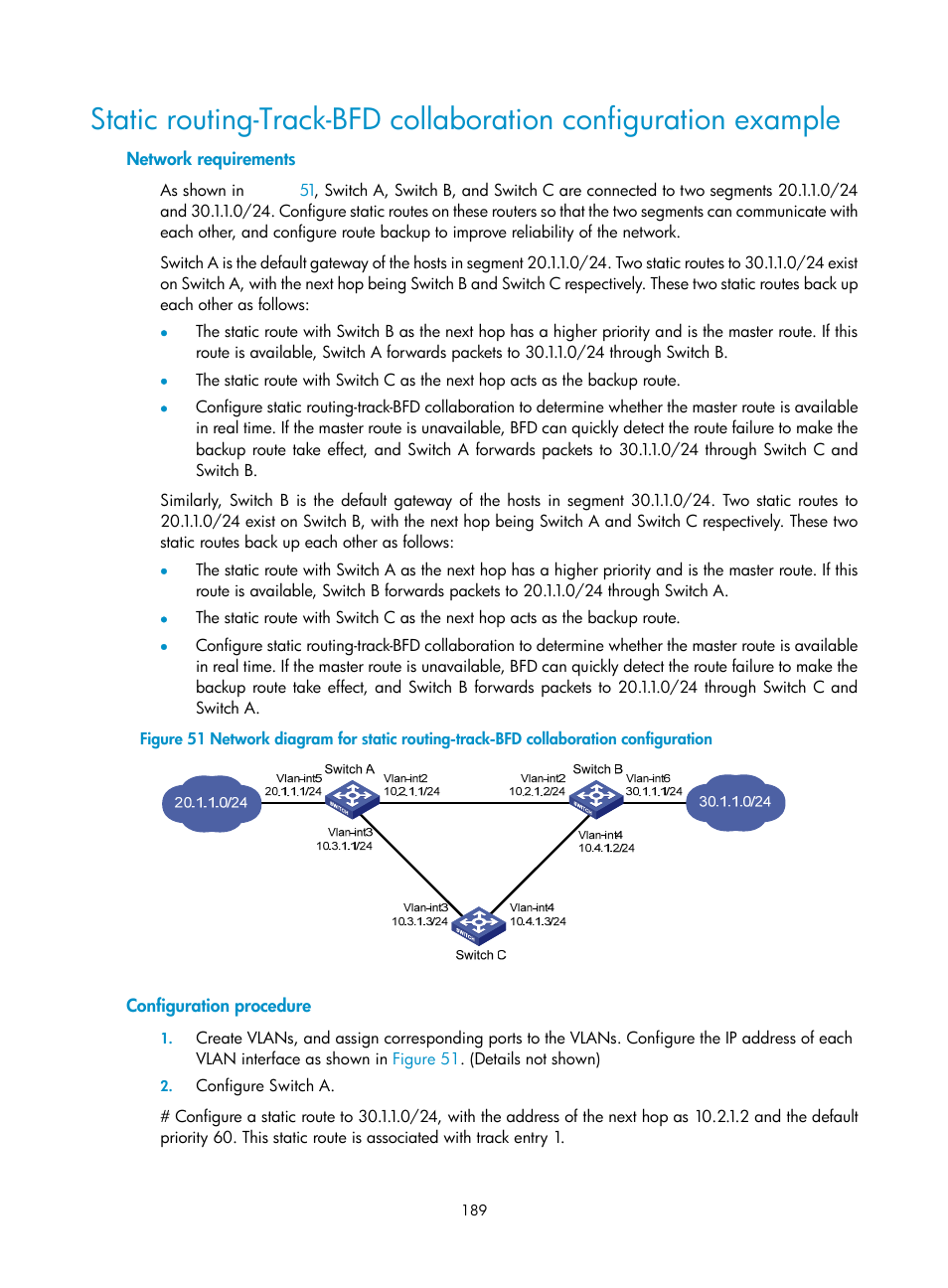 Network requirements, Configuration procedure | H3C Technologies H3C S10500 Series Switches User Manual | Page 198 / 206