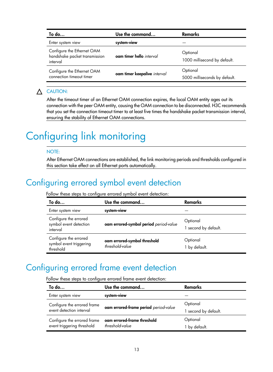 Configuring link monitoring, Configuring errored symbol event detection, Configuring errored frame event detection | H3C Technologies H3C S10500 Series Switches User Manual | Page 22 / 206