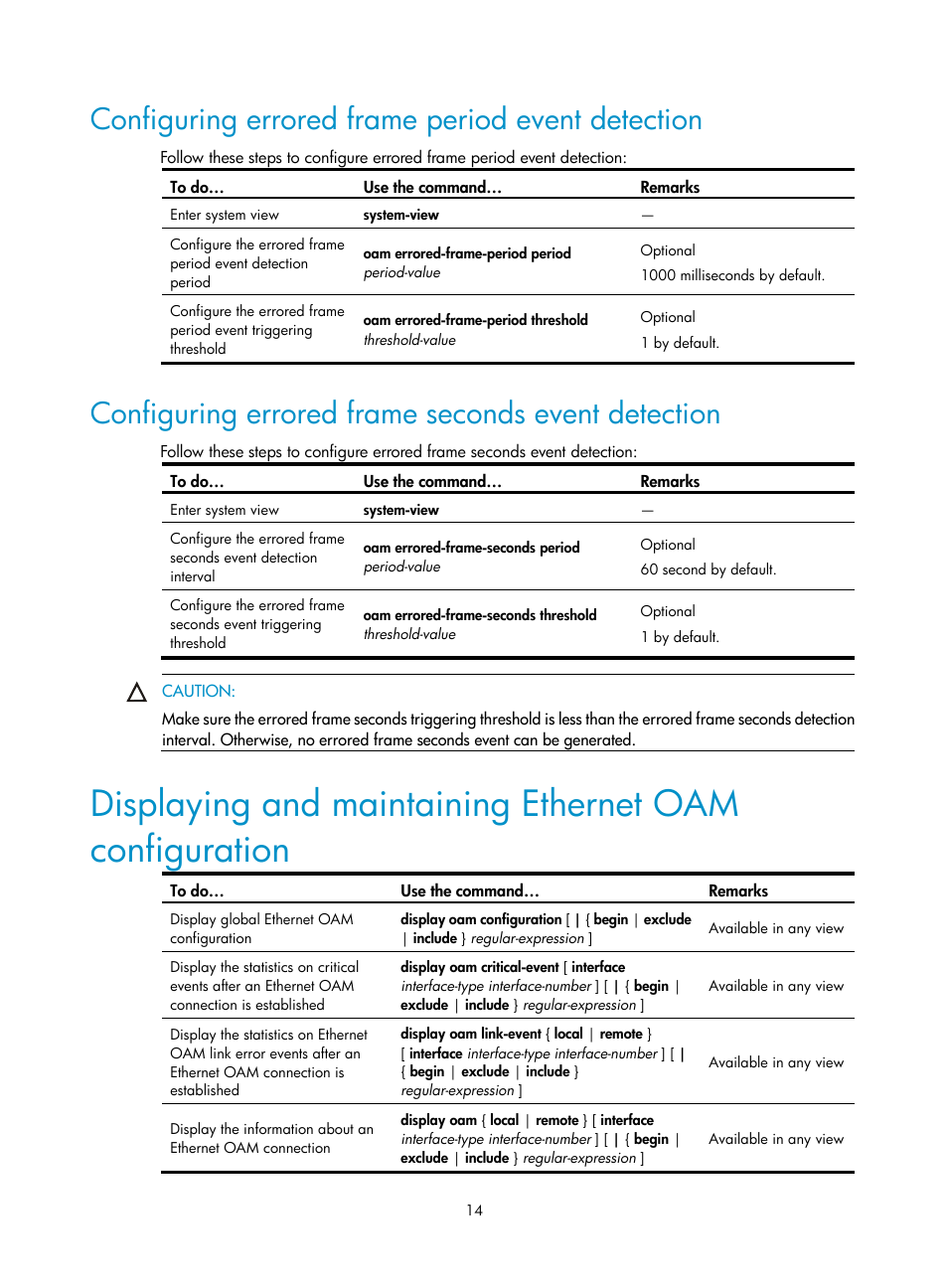 Configuring errored frame period event detection, Configuring errored frame seconds event detection | H3C Technologies H3C S10500 Series Switches User Manual | Page 23 / 206