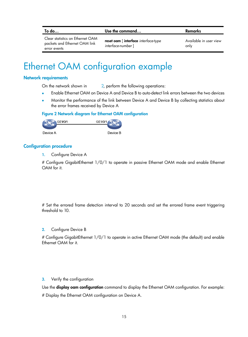 Ethernet oam configuration example, Network requirements, Configuration procedure | H3C Technologies H3C S10500 Series Switches User Manual | Page 24 / 206