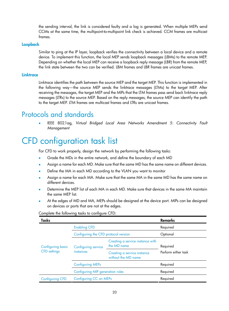Loopback, Linktrace, Protocols and standards | Cfd configuration task list | H3C Technologies H3C S10500 Series Switches User Manual | Page 29 / 206