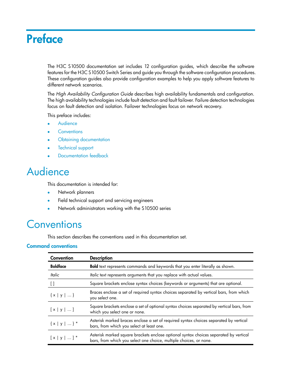 Preface, Audience, Conventions | Command conventions | H3C Technologies H3C S10500 Series Switches User Manual | Page 3 / 206