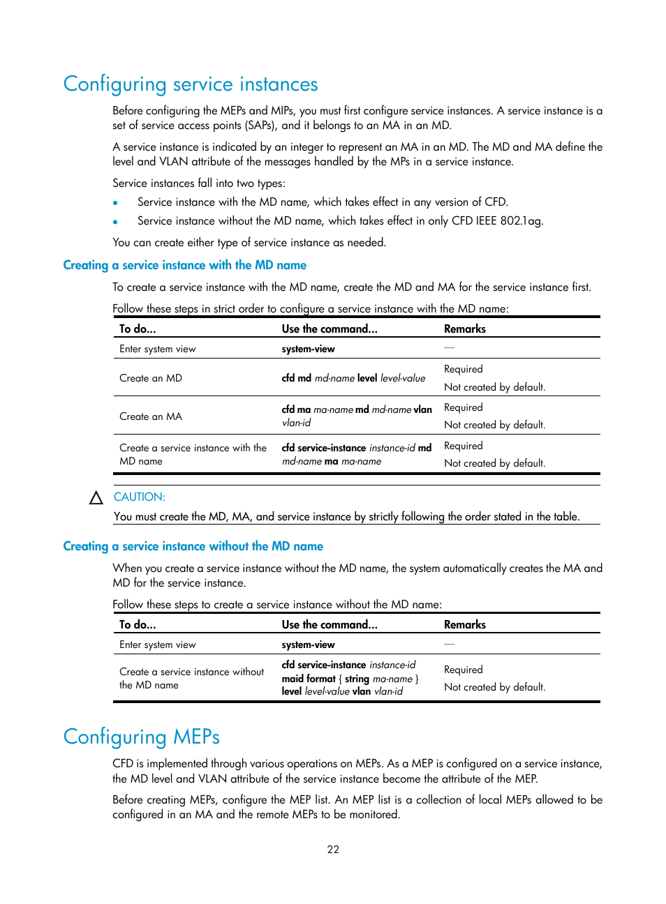 Configuring service instances, Creating a service instance with the md name, Creating a service instance without the md name | Configuring meps | H3C Technologies H3C S10500 Series Switches User Manual | Page 31 / 206