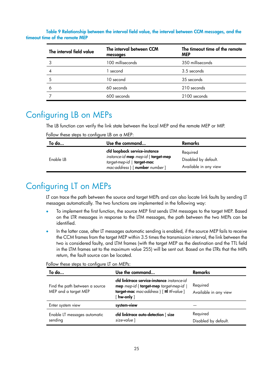 Configuring lb on meps, Configuring lt on meps | H3C Technologies H3C S10500 Series Switches User Manual | Page 34 / 206